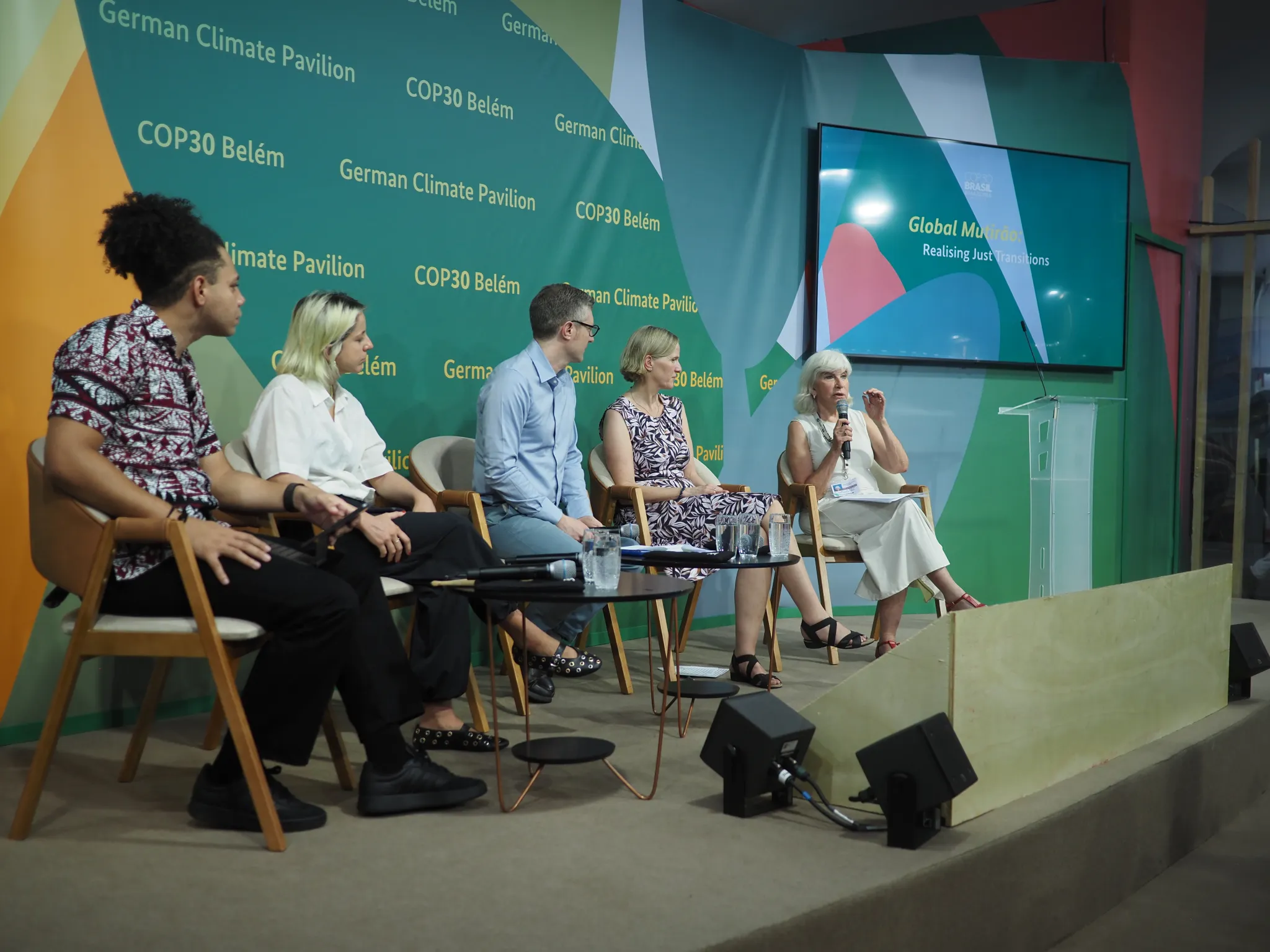 Panel discussion at the launch of the International Climate and Democracy Coalition at COP30, moderated by Michele Poletto, International IDEA Adviser on Climate Change and Democracy.