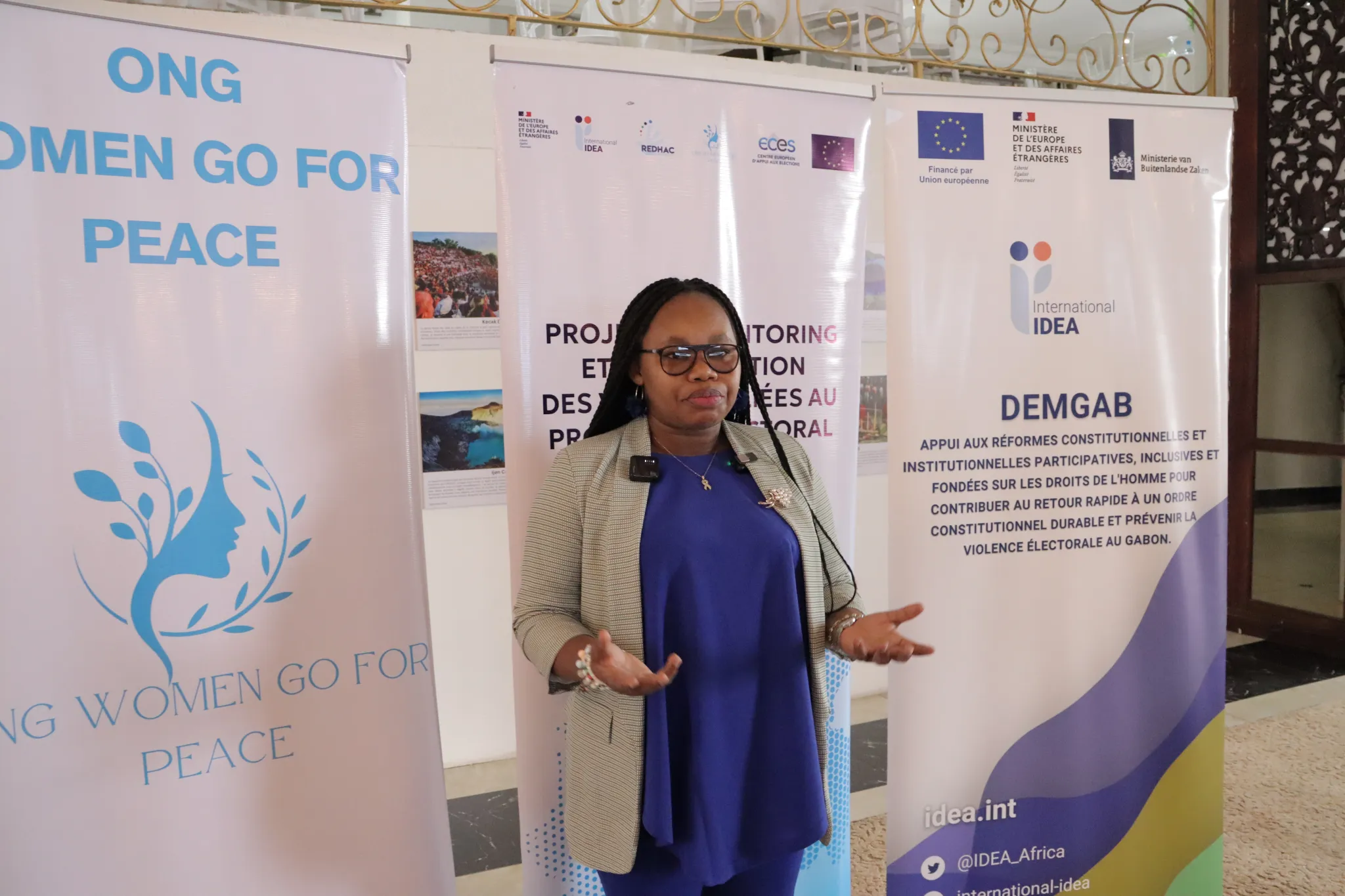 Founder of the NGO Women Go for Peace, Hermina AKAZONG SABIKANDA, at a press point after the electoral violence mapping workshop.