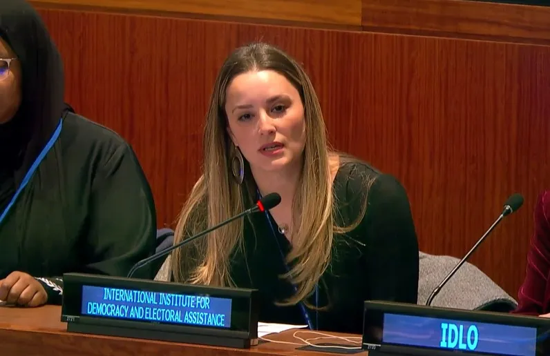 Amanda Sourek, Outreach and United Nations Liaison, delivers a statement by the International Institute for Democracy and Electoral Assistance on 70th Session of the Commission on the Status of Women: General Debate, March 2026