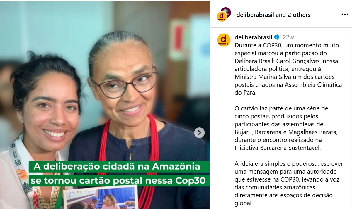 Carol Gonçalves (left) from Delibera Brasil, an International IDEA local partner organization, presents a postcard from citizens participating in the climate assemblies held in Brazil’s Pará State to Marina Silva, Minister of the Environment and Climate Change of Brazil, on 19 November 2025. Credit: Delibera Brasil