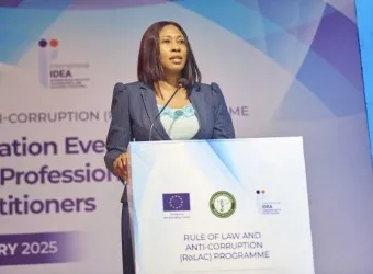 Barbara Omosun, Chief of Staff to the Nigerian IDEA’s largest project in Africa. Bar Association President, delivers a speech on 4 February 2025 at an event in Abuja, Nigeria, on rules of professional conduct for legal practitioners. The event was part of International IDEA’s efforts to help Nigeria fulfil the conditions for removal from the FATF’s grey list. Credit: International IDEA