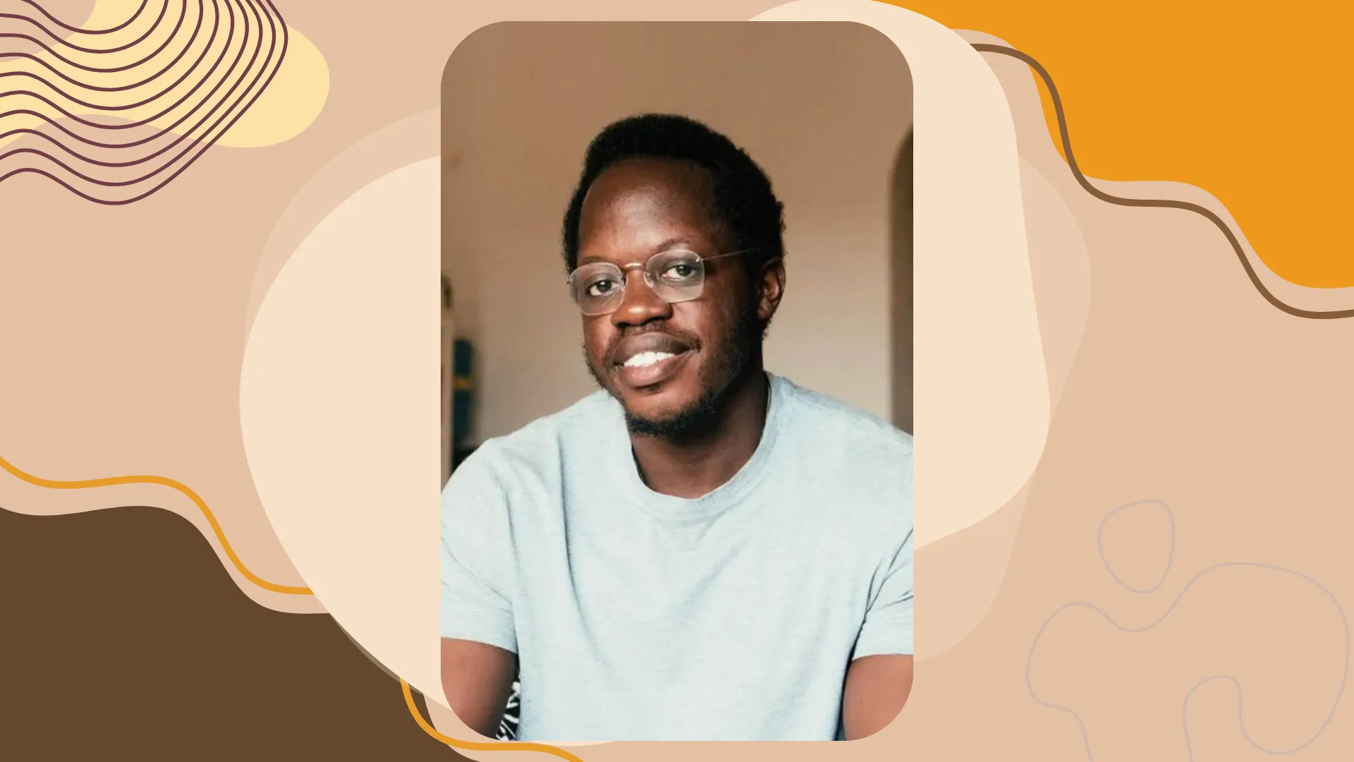 Photo of Emmanuel Akinwotu, credit: Terna Iwar. Background illustration credit: Binto Bali