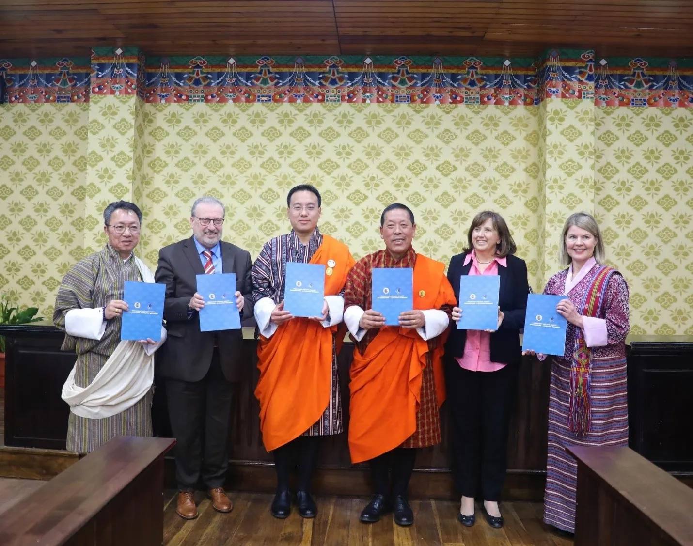 Figure 1: Launch of the Strategy document for Parliament collaboration with CSOs. From right 1. Dr. Rinzin (Chairperson of Bhutan Civil Society Network) 2. Mr. Mario Ronconi (EU) 3. His Excellency Dasho Tashi Dorji (Chairperson of National Council), His Excellency Mr. Wangchuk Namgyel (Speaker of National Assembly of Bhutan) 5. Ms. Paola Pampaloni (EU) 6. Ms. Leena Rikkila Tamang (Regional Director, Int. IDEA)
