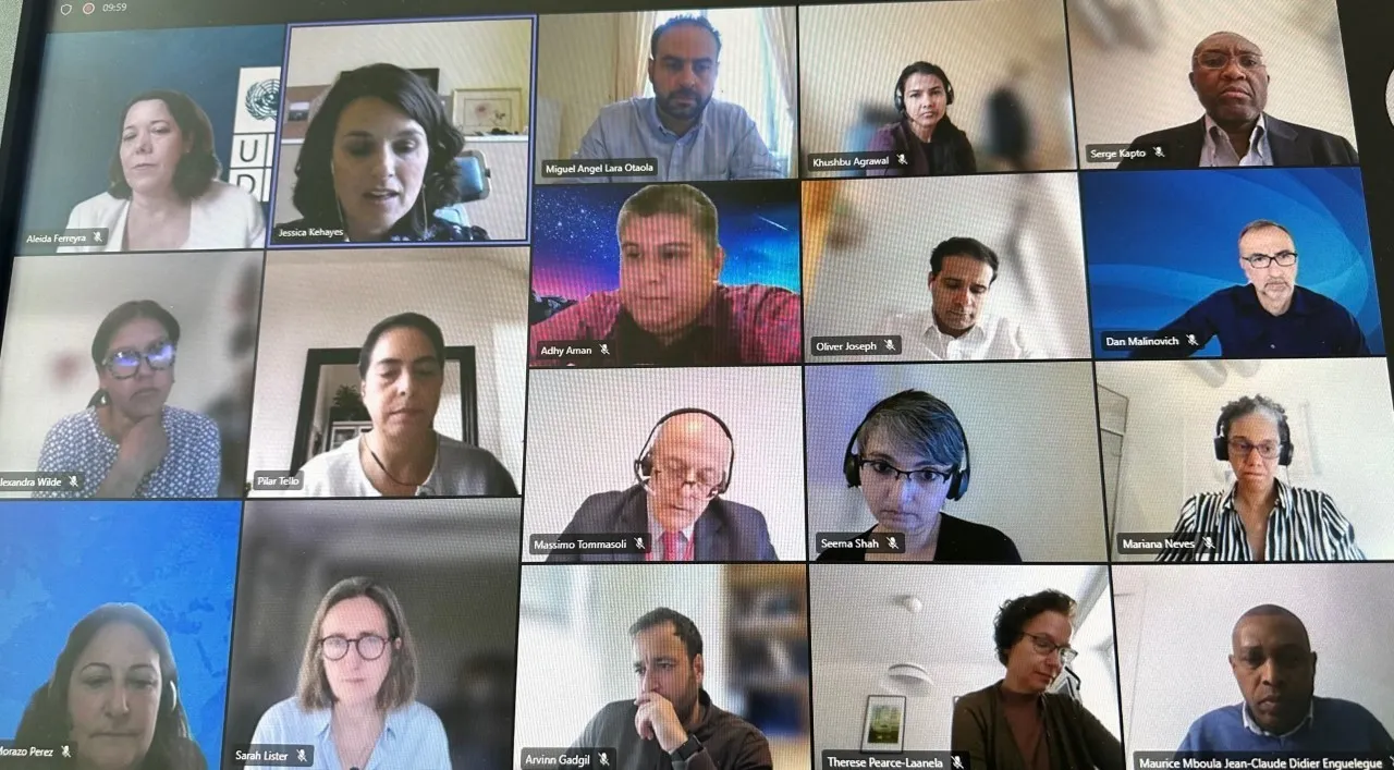Many experts talking in an online seminar each located different places