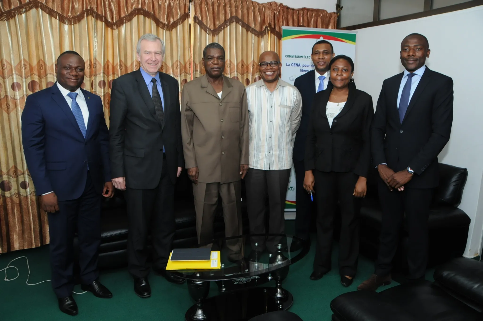 Left to right: Christophe Dangnihin (Europe Director, Benin Ministry of Foreign Affairs), Yves Leterme (Secretary-General, International IDEA), Emmanuel Tiando (Chairperson, CENA Benin), Adebayo Olukoshi (AwA Director, International IDEA), Mrs Toure (Benin, Ministry of Foreign Affairs) Maurice Mboula Jean-Claude Didier Enguelegue (Senior Programme Officer, International IDEA) & Tayuh Ngenge (Programme Officer, International IDEA).