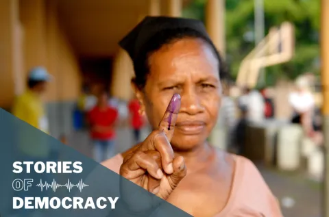 A woman holds up her stained finger after voting today in Timor-Leste's presidential run-off poll, which follows the first round of voting held on 17 March. Photo/Bernardino Soares. www.unmultimedia.org/photo/
