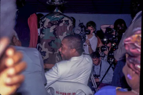 Charles Taylor before the start of IECOM’s press conference, to announce results of the national elections in Liberia (Adrian Morrice, 1997)