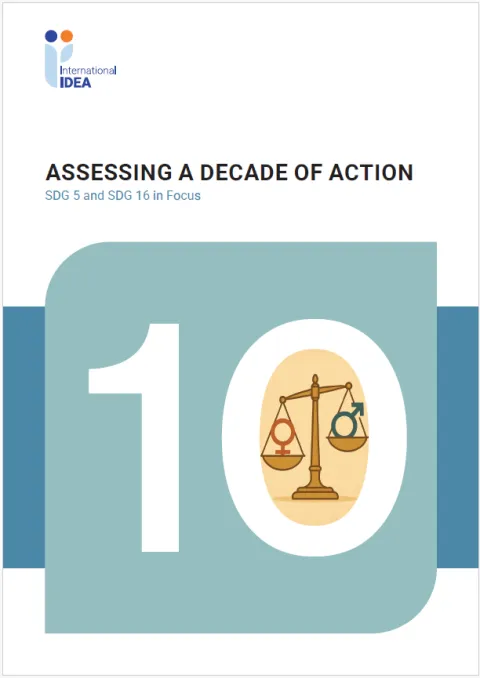 two digits of the number 10 representing a decade with an image inside the zero; a balance with two signs, a male and a female