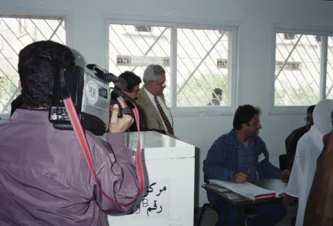 Mahmoud Abbas was head of the election commission. Here he is in a polling station in North Gaza in a re-election held because of mistakes on the election day. Abbas is the current President of Palestine.