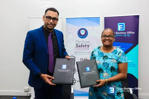 Signing ceremony of a three-year Memorandum of Understanding (MoU) between the Fijian Elections Office (FEO) and the Online Safety Commission (OSC).