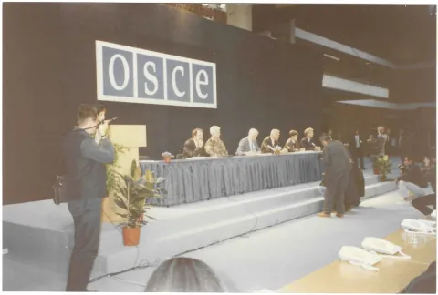 Election Commissioners and OSCE Officials at a news conference on the election results.