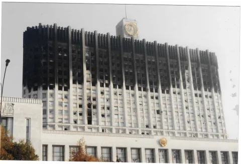 The Russian Parliament building after an attack by opponents of President Boris Yeltsin in October 1993. Taken by Jeff Fischer.