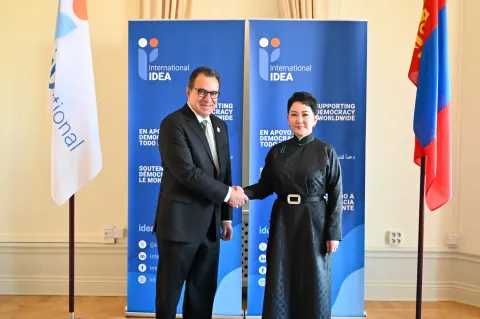 Secretary-General Dr Kevin Casas-Zamora and Minister of Foreign Affairs of Mongolia H.E. Ms Battsetseg Batmunkh at International IDEA's headquarters in Stockholm on 2 March 2026.
