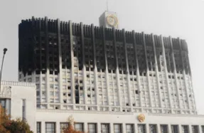 Aftermath of the October 4, 1993 Russian military forces attack on the Parliament building, known as the "White House," acting on orders from President Boris Yeltsin.  Photograph taken by Jeff Fischer.