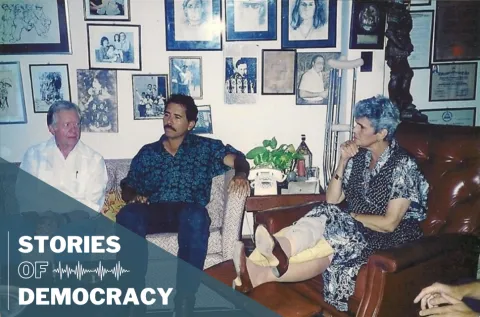 President Jimmy Carter with Daniel Ortega (center) and Violetta Chamora (right), President-Elect of Nicaragua.