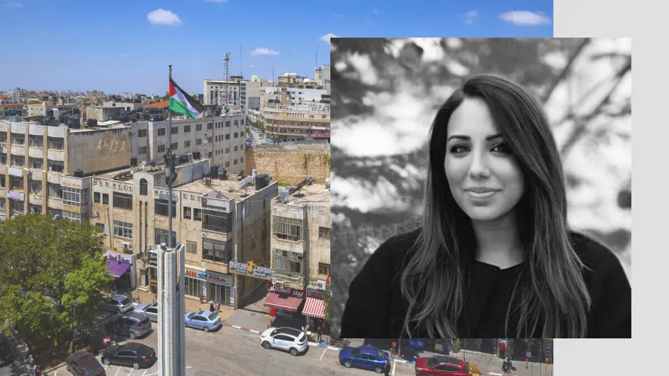 Photo of Sanaa Alsarghali, courtesy of the interviewee. Background image of a street in Ramallah, credit iStock.