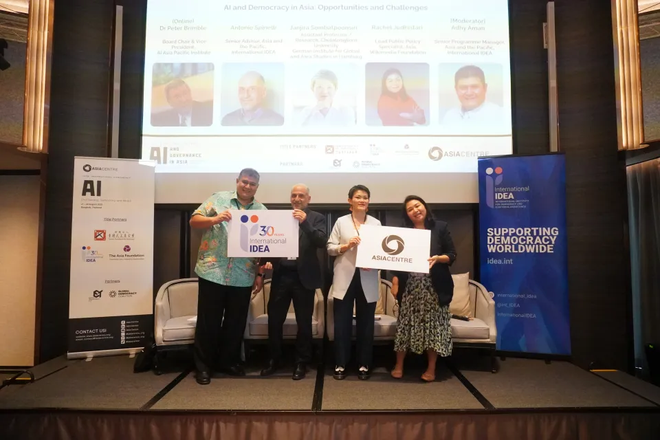 Speakers of the first panel at the Asia Centre’s 10th International Conference in Bangkok on 21 August 2025, convened around the topic, “AI and Governance in Asia”. This panel was hosted by International IDEA .