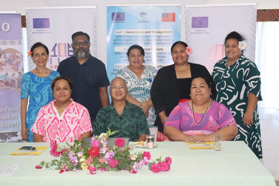 Signatories of the agreement at Samoa Umbrella for Non-Governmental Organisations’s headquarters in Vaitele Tai, on Friday 8 August.