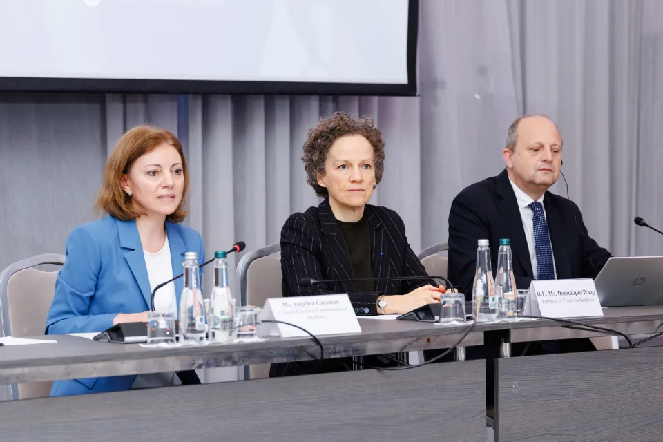 Opening remarks delivered from Ms. Angelica Caraman, Chairperson, Central Electoral Commission of Moldova,  H.E. Ms. Dominique Waag, Ambassador of France to the Republic of Moldova and Mr. Peter Wolf, Principal Adviser, Elections and Digitalization, International IDEA