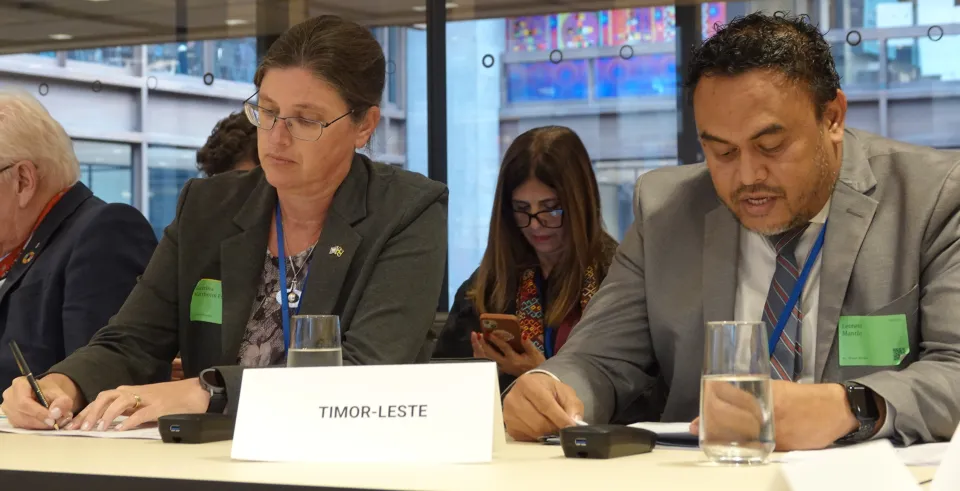 Ambassador Katarina Martholm Fried, ECOSOC, Human Rights and Sustainable Development , Sweden (left), and Leoneto Mantilo, Director General for Multilateral Affairs, Ministry of Foreign Affairs and Cooperation (right).