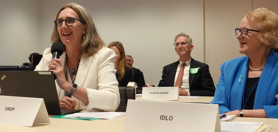 Sarah Lister, Co-Director, Governance, Rule of Law and Peacebuilding (GRP) Hub, United Nations Development Programme (left), and Jan Beagle, Director General, International Development Law Organization (right).