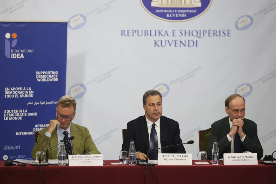 EU Del Amb H.E S. Gonzato, Assembly Speaker H.E. Mr. N. Peleshi, International IDEA REP Director S. van der Staak  