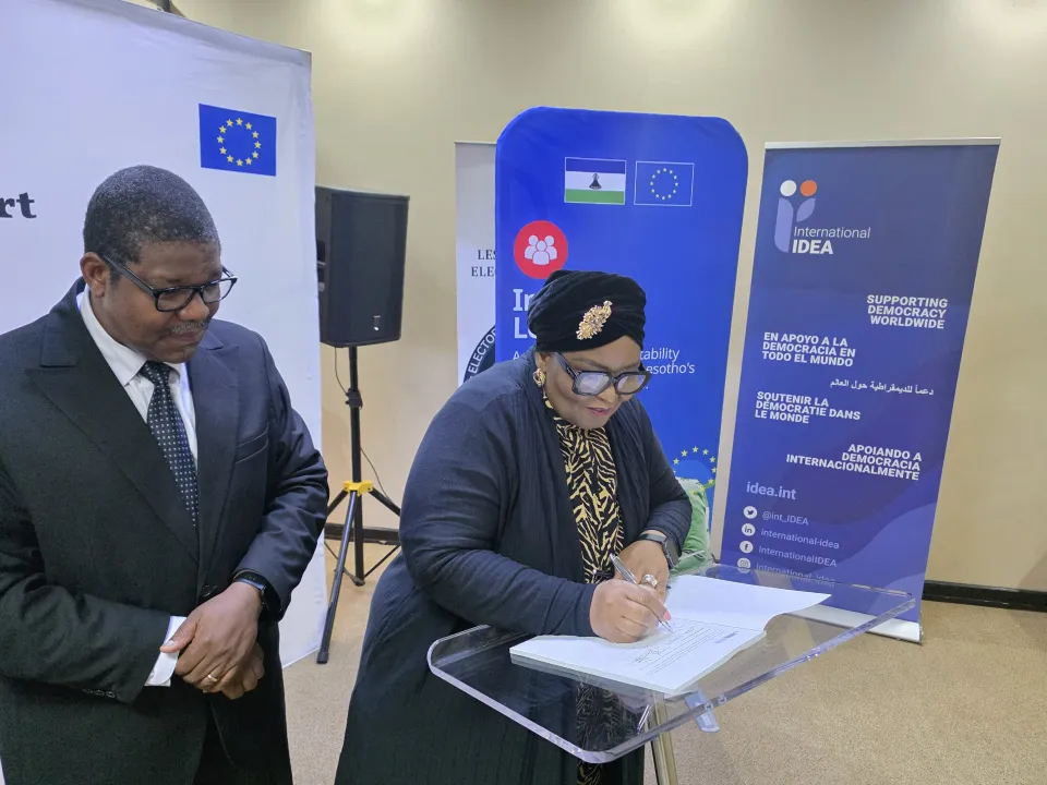 From left to right: Chairman of the Independent Electoral Commission Rev. Dr. John Maphephe and the Principal Secretary to the Ministry of Local Government, Chieftainship, Home Affairs and Police during the sign off and launch activity.