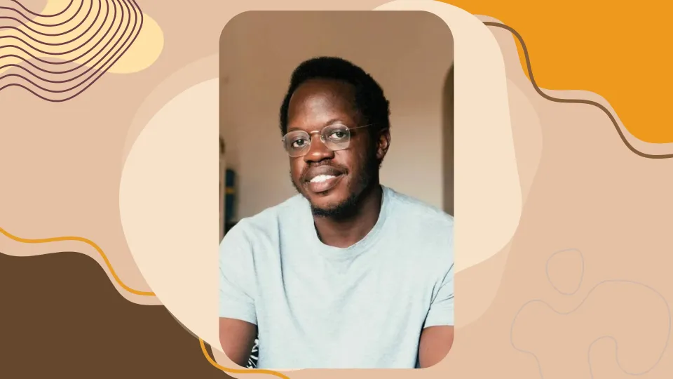 Photo of Emmanuel Akinwotu, credit: Terna Iwar. Background illustration credit: Binto Bali