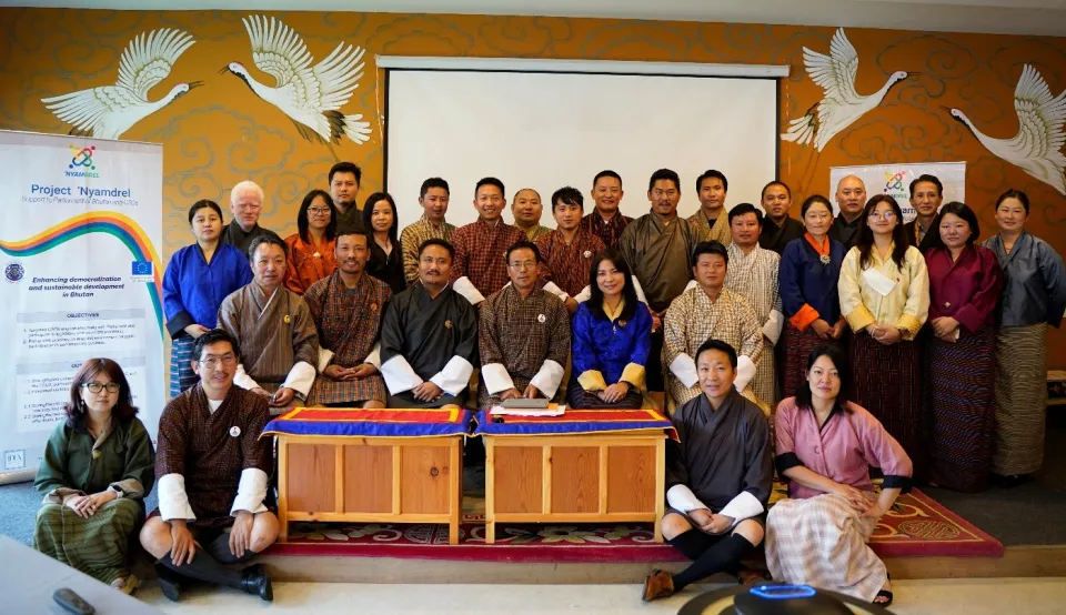 Figure 2: Policy advocacy and Parliamentary engagement workshop – Seated middle row from left: 1. Dr. Rinzin (Chairperson of the Bhutan Civil Society Network), 2. Hon. Ugyen Namgyel (Member of Parliament, NC), 3. Hon. Kinley Wangchuk (Member of Parliament, NA) 4. Mr. Norbu Wangchuk (Parliamentary Expert, Ex-Minister for Education) 5 Hon. Lhaki Dolma (Member of Parliament, NC) 6. Hon. Passang Dorji (Member of Parliament, NA), Rest: Representatives from CSOs