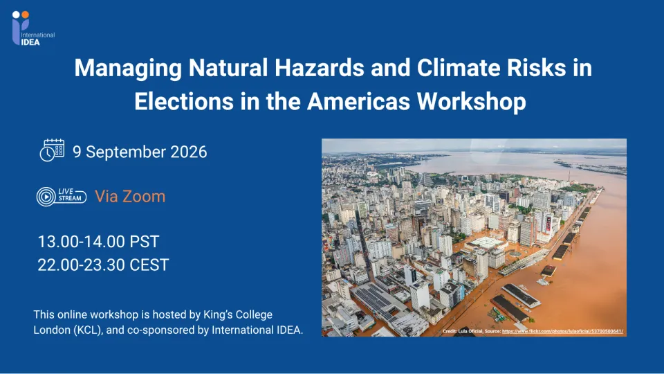 Event workshop poster on Managing Natural Hazards and Climate Risks in Elections.