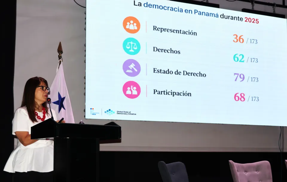 Marcela Ríos Tobar, Director for Latin America and the Caribbean at International IDEA, at the launch of the report “Global State of Democracy 2026: Democracy in an Era of Conflict” in Panama 