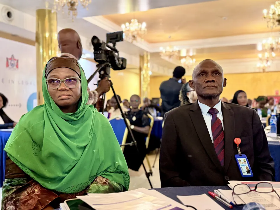 Dr. Mufuliat Fijabi, Senior Programme Manager of the ESGBV Programme, and Aliyu Bagudu Abubakar, Director-General of the Legal Aid Council of Nigeria, at the stakeholder validation workshop on the SGBV Identification Guidelines and Checklists for Legal Aid Case Work.