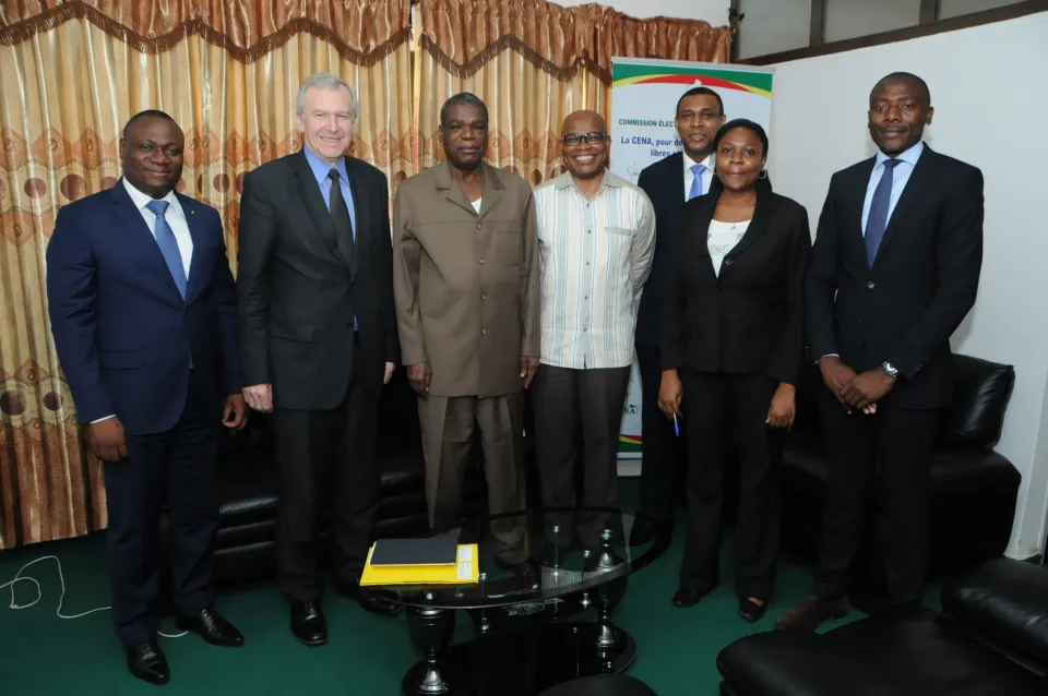 Left to right: Christophe Dangnihin (Europe Director, Benin Ministry of Foreign Affairs), Yves Leterme (Secretary-General, International IDEA), Emmanuel Tiando (Chairperson, CENA Benin), Adebayo Olukoshi (AwA Director, International IDEA), Mrs Toure (Benin, Ministry of Foreign Affairs) Maurice Mboula Jean-Claude Didier Enguelegue (Senior Programme Officer, International IDEA) & Tayuh Ngenge (Programme Officer, International IDEA).