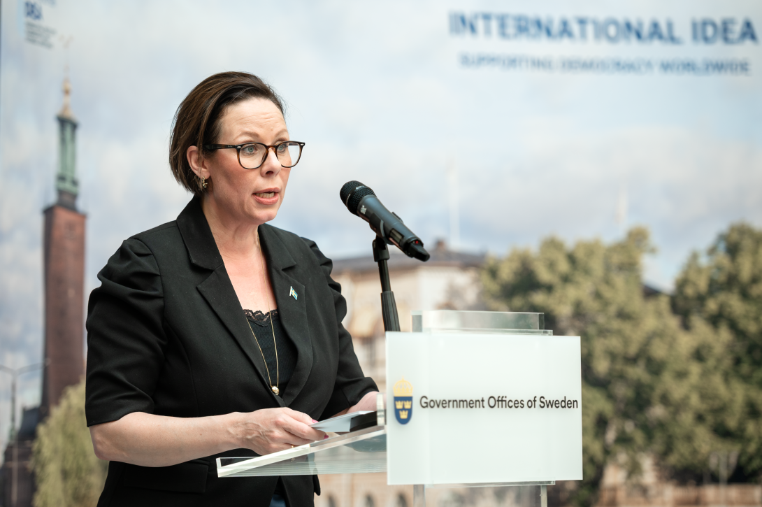 Minister for Foreign Affairs Maria Malmer Stenergard hosted the high-level session of International IDEA’s 30th anniversary on 12 June 2025. Photo credit: Malin Huusmann/International IDEA.