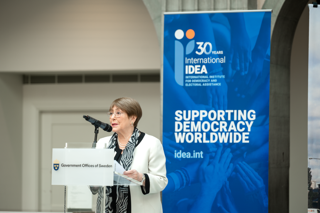 Michelle Bachelet, former President of Chile, delivered a keynote speech at the high-level session on 12 June 2025 hosted by the Swedish Ministry for Foreign Affairs. Photo credit: Malin Huusmann/International IDEA.
