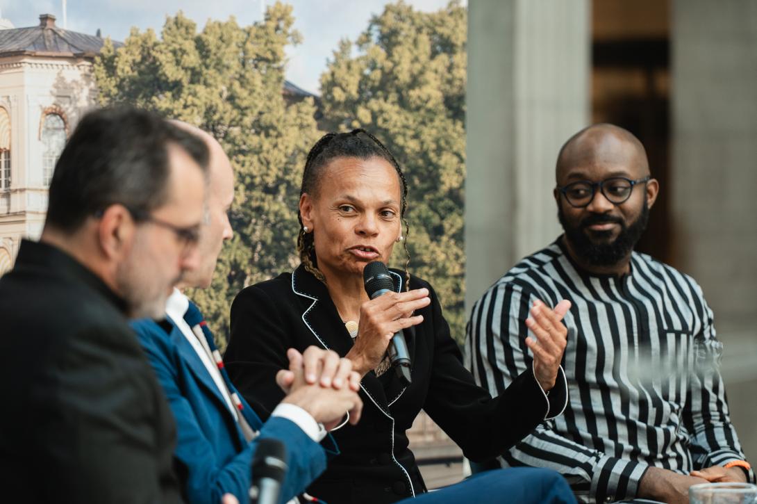 From left: International IDEA’s Secretary-General Dr Kevin Casas-Zamora, Director-General of the Swiss Agency for Development and Cooperation Patricia Danzi, and founder of Yiaga Africa and International IDEA Board Member Samson Itodo