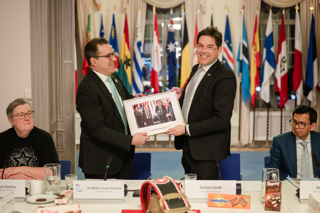 From left: Executive Director Fiona Rowley, International IDEA’s Secretary-General Dr Kevin Casas-Zamora, Ambassador Adrian Junker, Embassy of Switzerland in Sweden, and Ambassador Dr Yayan Ganda Hayat Mulyana, Embassy of Indonesia in Sweden. Photo: Malin Huusmann