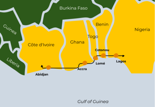 The Abidjan–Lagos Corridor has a length of approximately 1,000 kilometres and crosses five independent states (Côte d'Ivoire, Ghana, Togo, Benin, and Nigeria). Illustration credit: Binto Bali